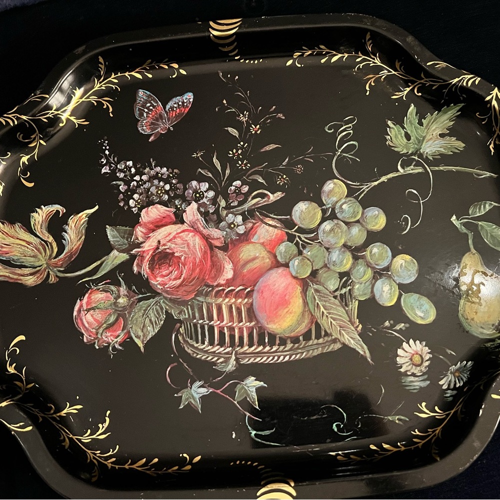 Vintage Metal Tray Manufacturing Company Black Tray With Flowers and Fruit